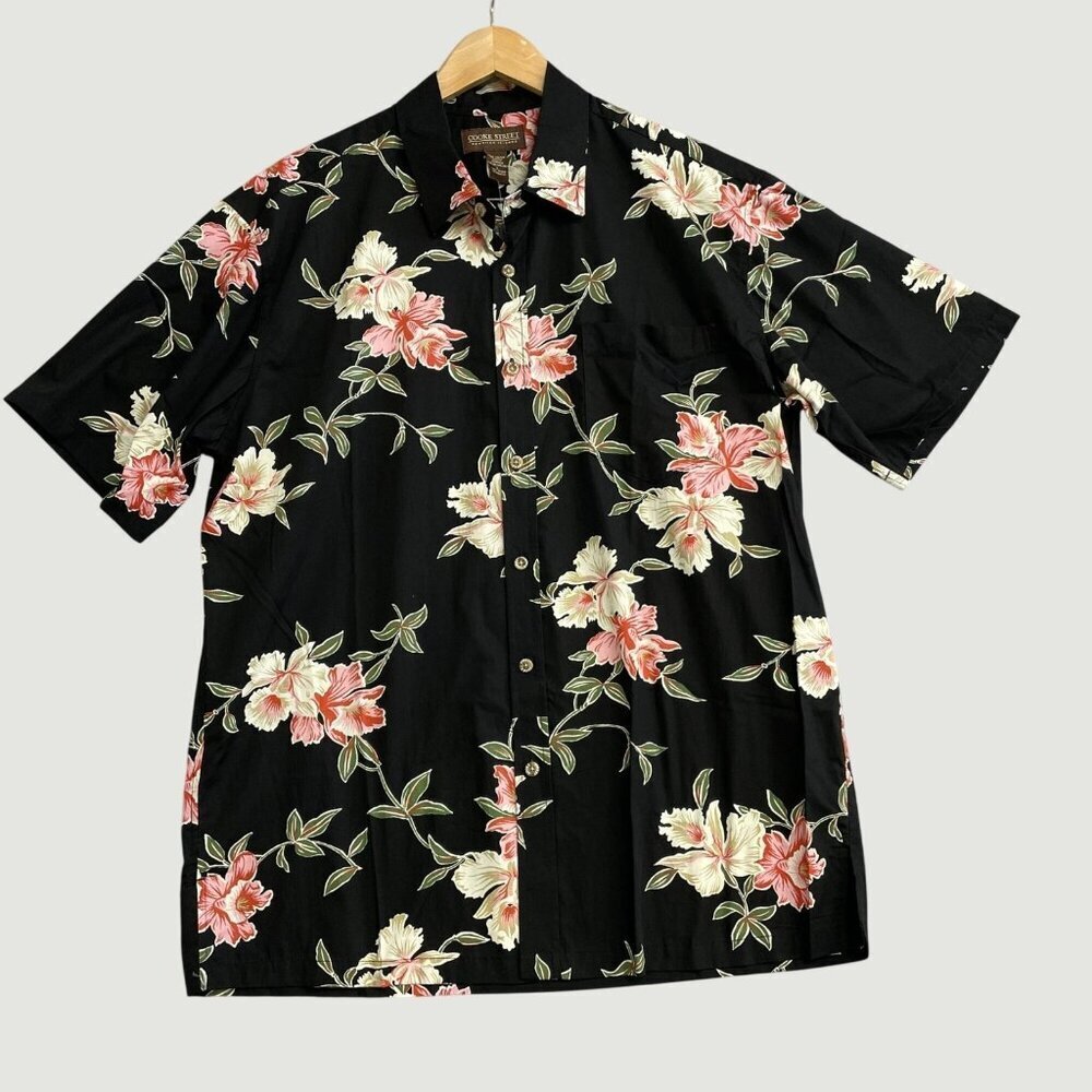 Cooke Street Men's L Hawaiian Islands Black Floral Short Sleeve Cotton n1105